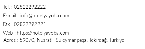 Yayoba Otel telefon numaralar, faks, e-mail, posta adresi ve iletiim bilgileri